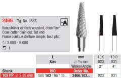 Edenta Lab 2466 - TC nástroje, Cone cutter plain cut, flat end - 1 ks