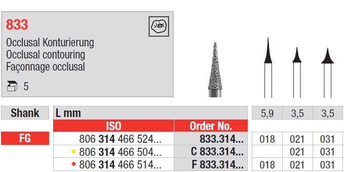 Edenta 833 - diamantové nástroje, na okluzálne kontúrovanie - 5 ks