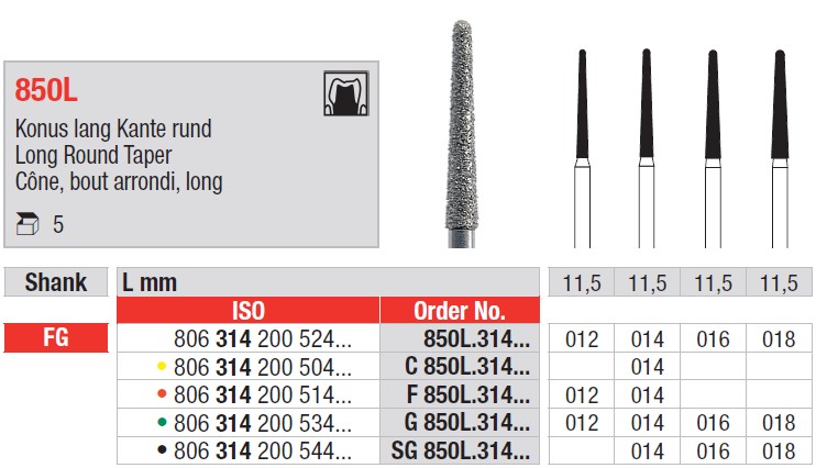 Edenta 850L - diamantové nástroje, extra dlhý kužeľ s oblým koncom - 5 ks